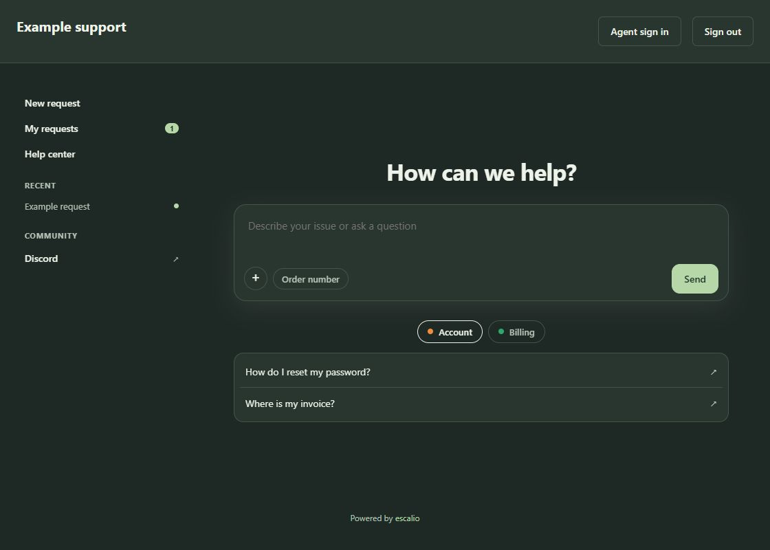 Customer portal theme preview in dark appearance, with a request composer, account and billing topics, and request history.