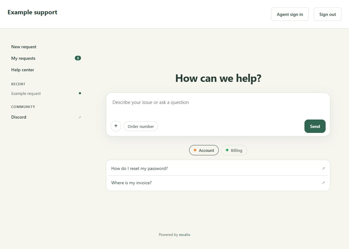 Customer portal theme preview in light appearance, with a request composer, account and billing topics, and request history.